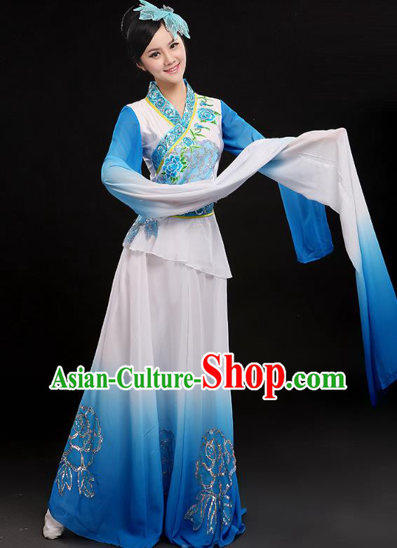 Chinese Umbrella Dance Blue Outfits Traditional Water Sleeve Dance Costume Classical Dance Clothing