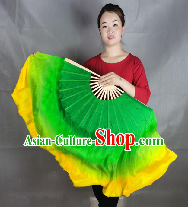 China Stage Performance Long Ribbon Fan Classical Dance Green Silk Fan Yangko Dance Folding Fan