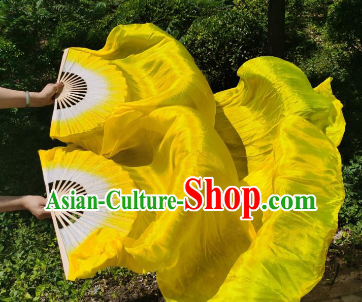 China Yangko Dance Performance Folding Fan Yellow Silk Long Ribbon Fan Classical Dance Bamboo Fan