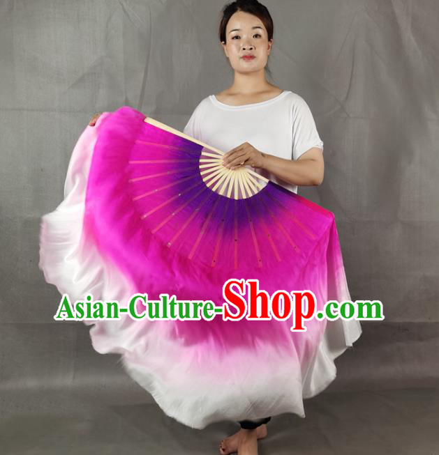 China Handmade Double Side Folding Fan Yangko Dance Performance Fan Rosy Silk Long Ribbon Fan