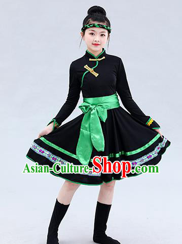 Chinese Mongolian Ethnic Children Costume Traditional Mongol Nationality Folk Dance Black Short Dress