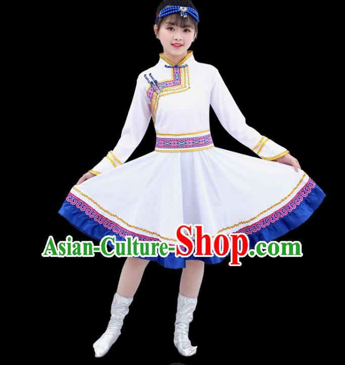Chinese Traditional Mongol Nationality Folk Dance White Short Dress Mongolian Ethnic Children Costume