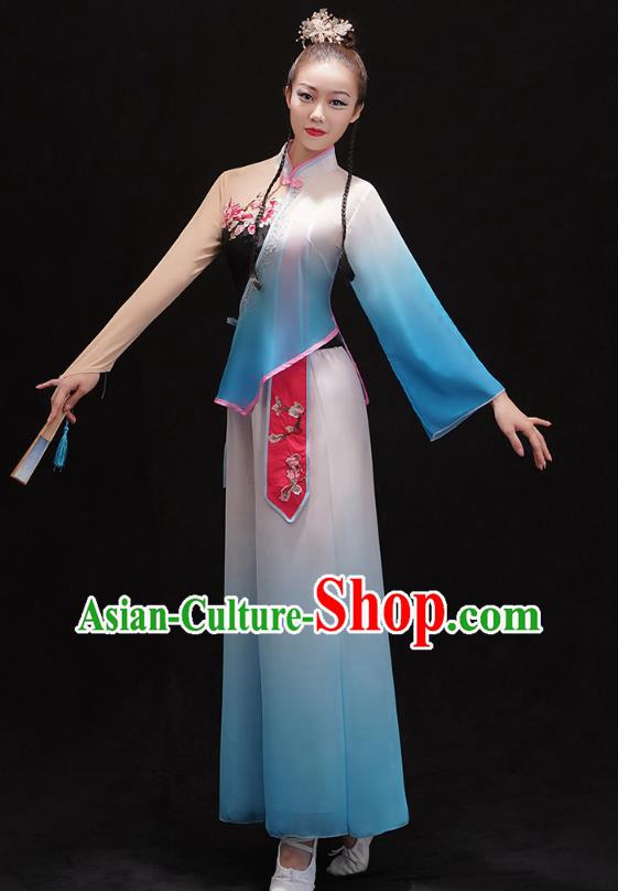 China Women Group Dance Performance Costume Yangko Dance Blue Uniforms Folk Dance Fan Dance Clothing