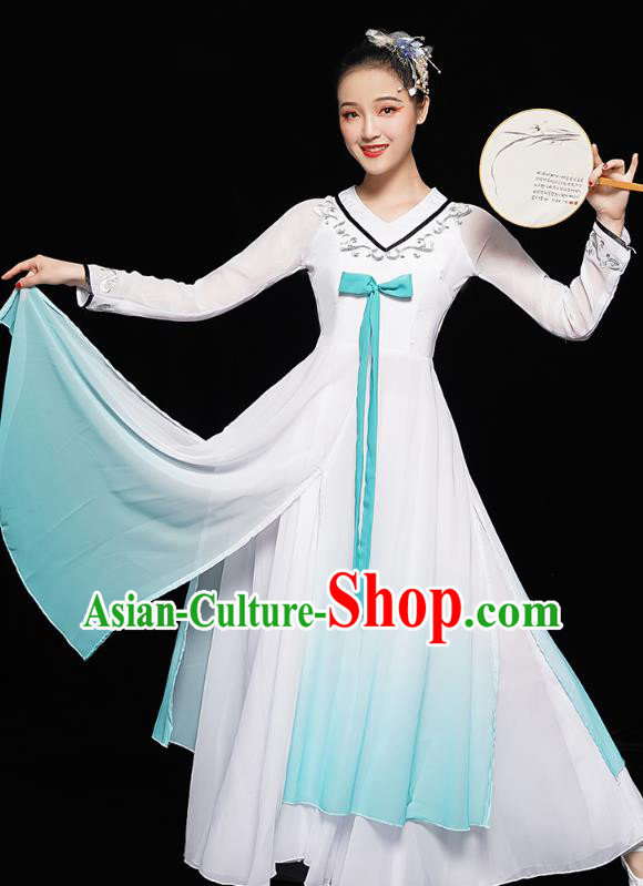 Chinese Jiangnan Umbrella Dance White Dress Traditional Fan Dance Costumes Classical Dance Clothing
