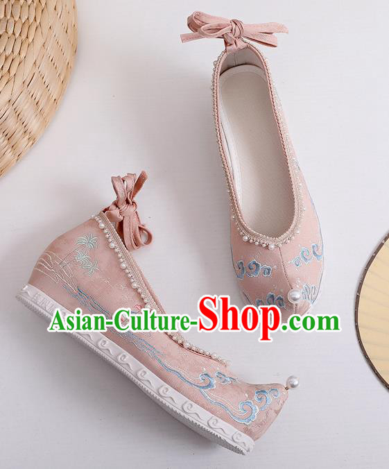 China Ancient Princess Hanfu Shoes Traditional Ming Dynasty Bow Shoes Embroidered Pink Cloth Shoes