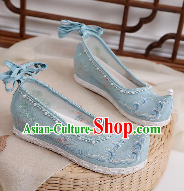 China Hanfu Shoes Blue Cloth Shoes Traditional Ming Dynasty Princess Shoes Embroidered Bow Shoes