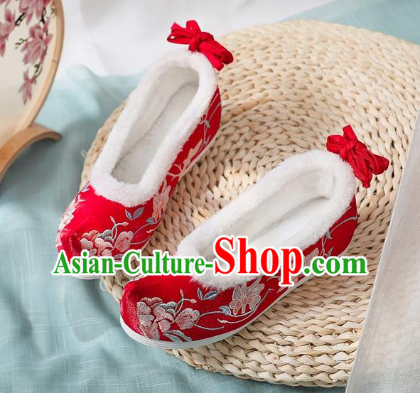 Chinese Traditional Wedding Embroidered Peony Shoes Classical Wedge Heel Shoes National Woman Winter Red Cloth Shoes