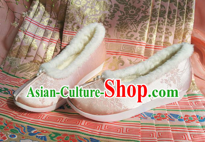 China Ming Dynasty Princess Shoes Ancient Winter Shoes Traditional Hanfu Pink Satin Shoes