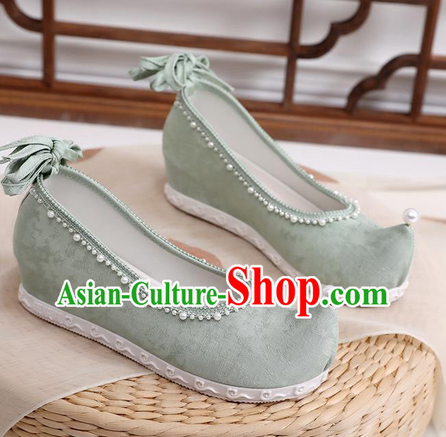 China Ancient Princess Bow Shoes Classical Dance Shoes Handmade Green Cloth Shoes