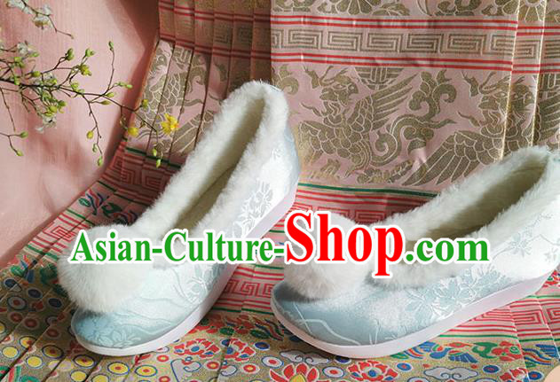 China Traditional Blue Satin Shoes Ming Dynasty Princess Shoes Ancient Hanfu Winter Shoes
