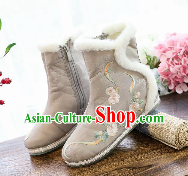 Chinese National Winter Boots Traditional Ancient Swordswoman Shoes Embroidered Grey Cloth Boots