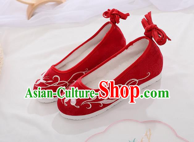 Chinese Woman Embroidered Butterfly Shoes National Red Cloth Shoes Traditional Folk Dance Shoes