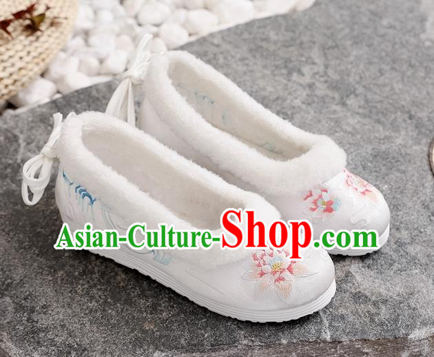 Chinese Woman Embroidered Lotus Shoes National Winter White Cloth Shoes Traditional Dance Shoes