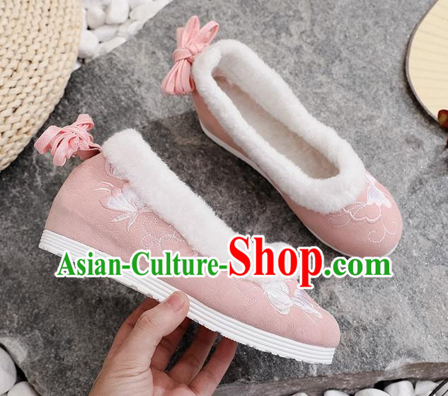 Chinese Traditional Hanfu Young Lady Shoes Pink Embroidered Shoes National Winter Cloth Shoes