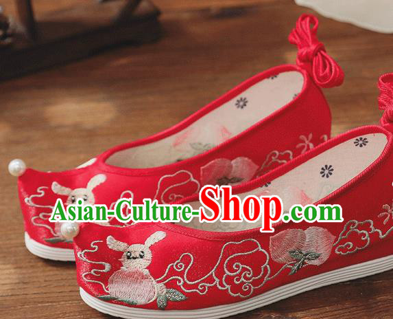China Handmade Wedding Red Cloth Bow Shoes Folk Dance Shoes Embroidered Peach Shoes