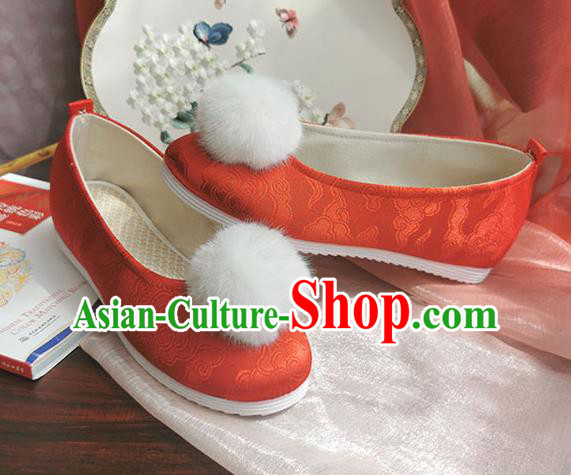 China Traditional Hanfu Shoes Handmade Ancient Jin Dynasty Princess Shoes Red Satin Shoes