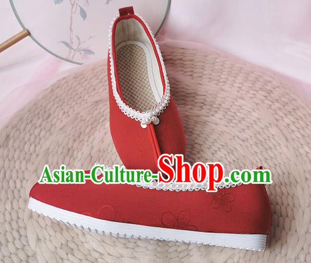 China Ancient Princess Shoes Classical Dark Red Cloth Shoes Traditional Song Dynasty Hanfu Pearls Shoes