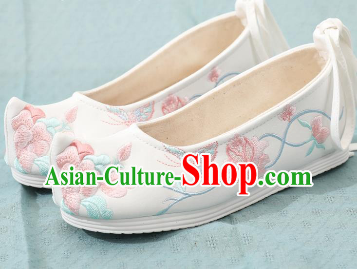 China Ming Dynasty Young Lady Shoes Traditional Hanfu Bow Shoes Embroidery Peony White Cloth Shoes