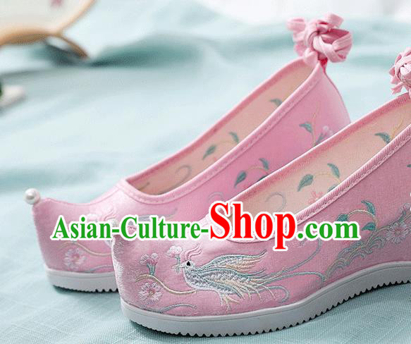 China Traditional Hanfu Embroidered Phoenix Pink Cloth Shoes Handmade Folk Dance Wedge Shoes National Woman Shoes