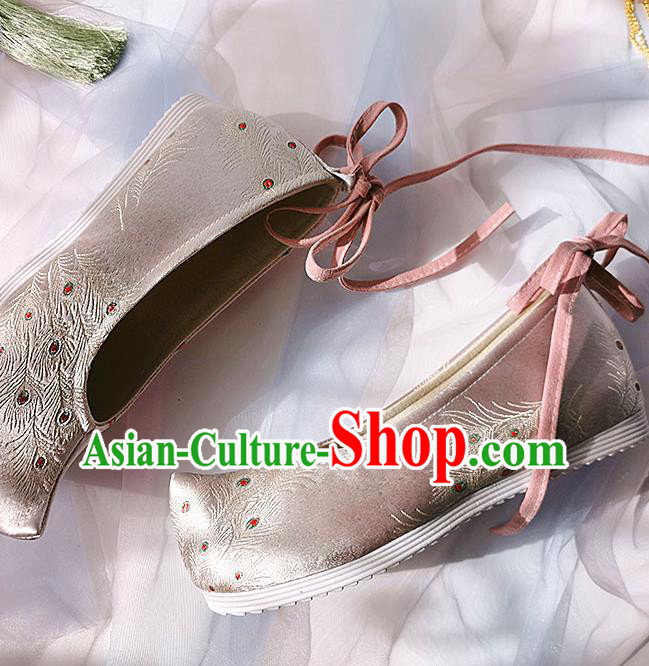 China Classical Pink Brocade Shoes Traditional Hanfu Embroidered Peacock Feather Shoes Ancient Princess Shoes