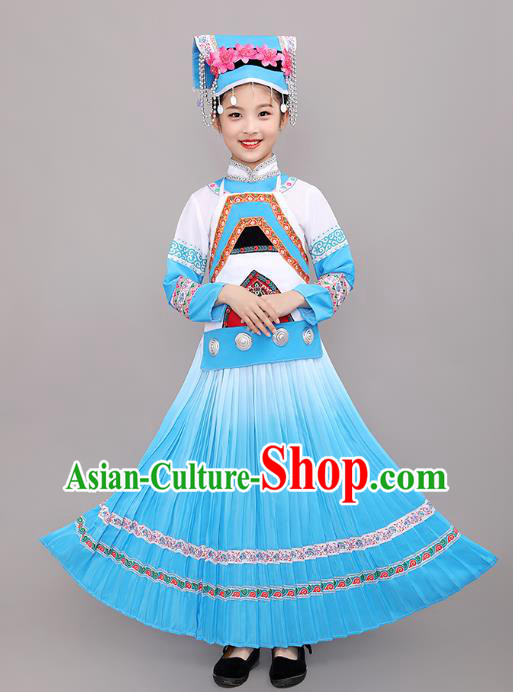 Chinese Bouyei Nationality Children Performance Costumes Guizhou Puyi Ethnic Folk Dance Blue Dress Clothing