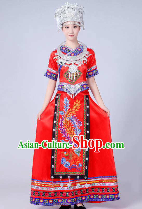 China Yao Nationality Clothing Miao Minority Folk Dance Outfits Ethnic Stage Performance Red Dress and Headwear