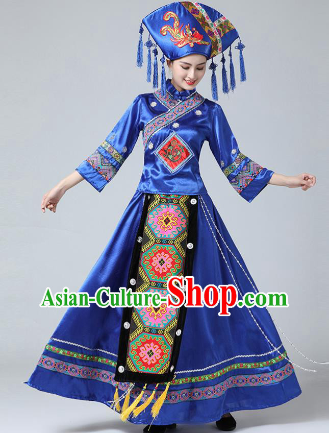 China Zhuang Nationality Clothing Guangxi Minority Folk Dance Outfits Ethnic Stage Performance Royalblue Dress and Headwear