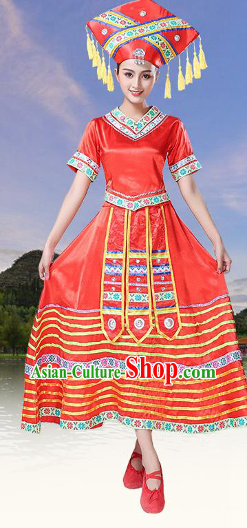 China Zhuang Nationality Clothing Yunnan Minority Folk Dance Outfits Ethnic Performance Red Dress and Hat