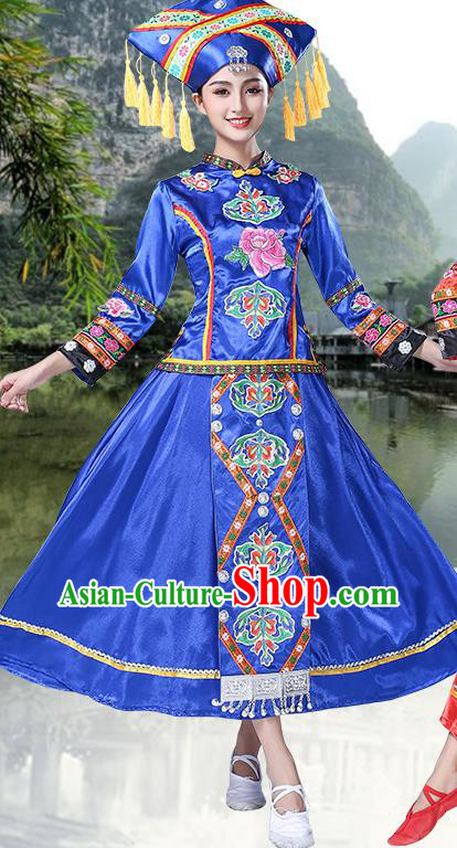 China Yunnan Tujia Minority Folk Dance Outfits Ethnic Performance Royalblue Dress Yi Nationality Clothing and Headdress