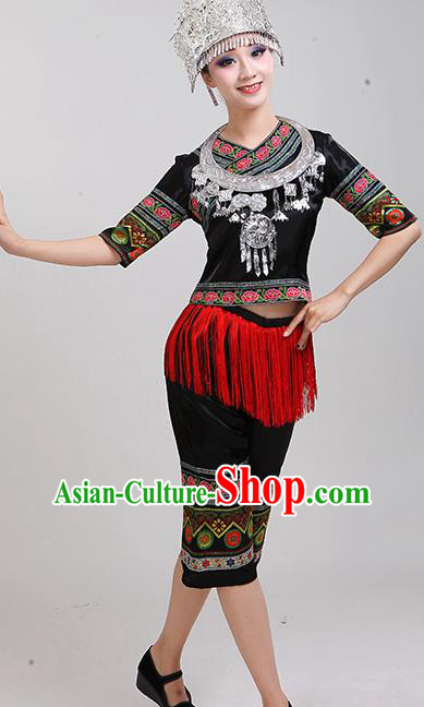 China Yao Nationality Folk Dance Clothing Tujia Ethnic Dress Minority Performance Black Outfits and Hat