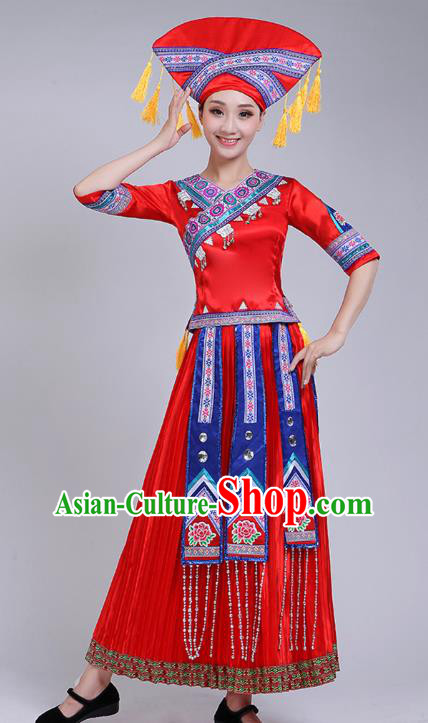China Zhuang Nationality Clothing Guangxi Ethnic Dance Outfits Minority Performance Red Dress
