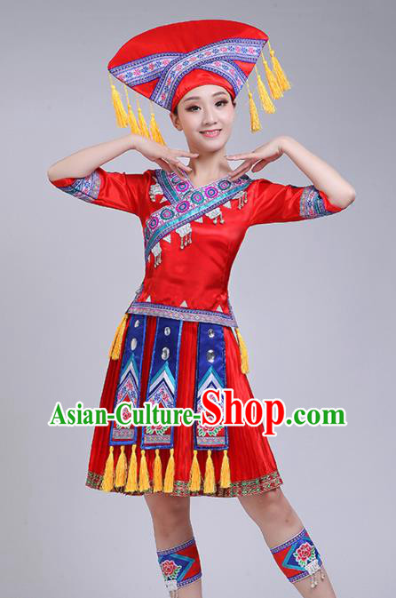China Zhuang Nationality Woman Clothing Ethnic Folk Dance Outfits Guangxi Minority Performance Red Short Dress