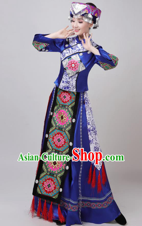 China Tujia Nationality Folk Dance Clothing Yunnan Ethnic Performance Outfits Yao Minority Woman Royalblue Dress