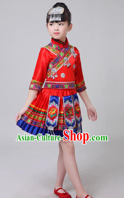 Chinese Yi Ethnic Folk Dance Red Short Dress Outfits Zhuang Nationality Girl Costumes