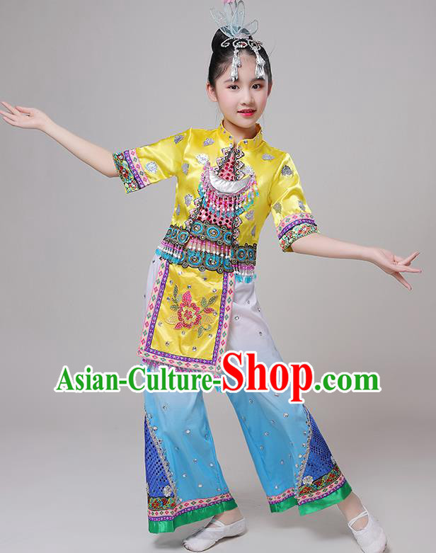 Chinese Minnan Ethnic Stage Performance Outfits Dong Nationality Festival Dance Costumes and Headwear for Kids
