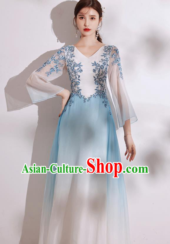 China Annual Meeting Compere Clothing Stage Show Blue Full Dress Chorus Group Costumes