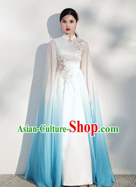 China Annual Meeting Compere Clothing Chorus Performance White Satin Full Dress Modern Dance Costume