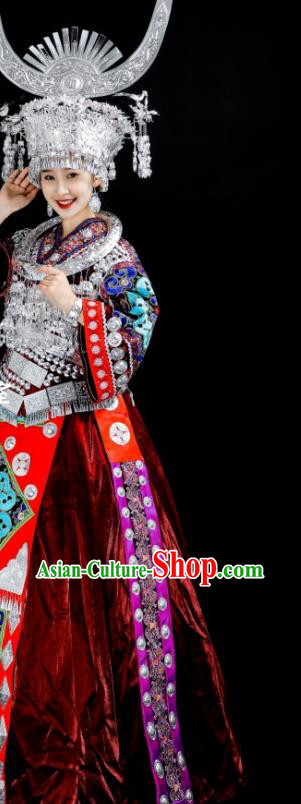 China Miao Nationality Stage Performance Clothing Folk Dance Costumes Xiangxi Ethnic Red Dress and Headdress