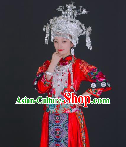 China Xiangxi Minority Folk Dance Costumes Tujia Ethnic Wedding Dress Miao Nationality Bride Clothing and Headwear