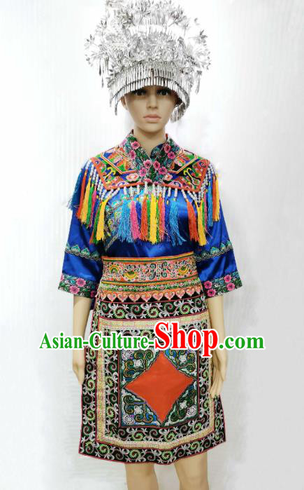 China Guizhou Minority Costumes Guangxi Ethnic Folk Dance Blue Dress Dong Nationality Clothing and Headwear