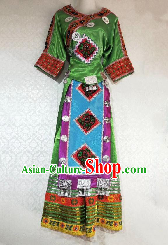 China Ethnic Folk Dance Green Dress Miao Nationality Clothing Guizhou Tujia Minority Woman Outfits