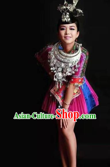 China Yao Minority Folk Dance Purple Outfits Ethnic Young Lady Dress Guizhou Nationality Performance Clothing and Hair Accessories