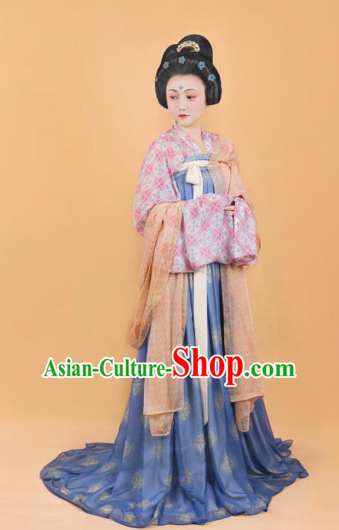 China Traditional Ancient Noble Lady Blue Hanfu Dress Tang Dynasty Royal Princess Historical Costumes