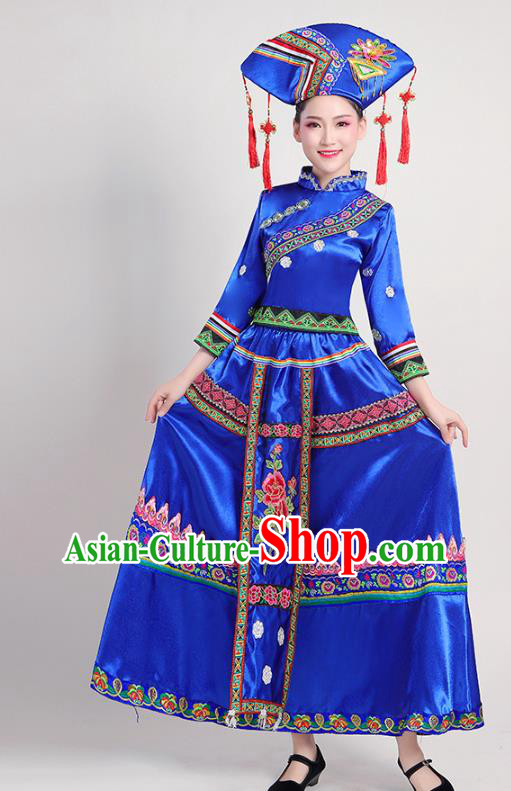 China Zhuang Nationality Female Clothing Guangxi Ethnic Performance Royalblue Outfits Minority Folk Dance Dress and Headdress