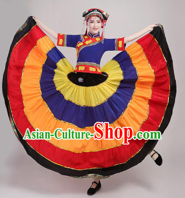 China Yi Nationality Folk Dance Costumes Yi Minority Torch Festival Dress Traditional Guangxi Ethnic Performance Outfits and Hat