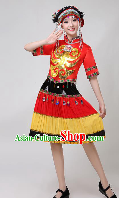 China Traditional Liangshan Ethnic Clothing Yi Nationality Folk Dance Costumes Minority Torch Festival Performance Dress and Hat