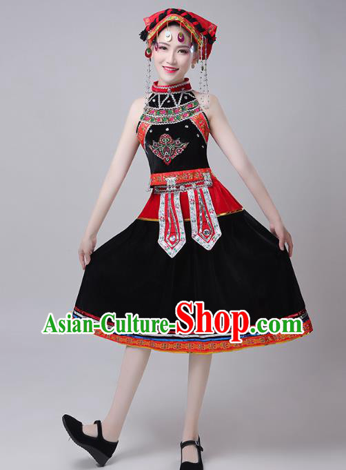 China Traditional Yao Nationality Folk Dance Costumes Yi Minority Ethnic Stage Performance Black Short Dress Outfits