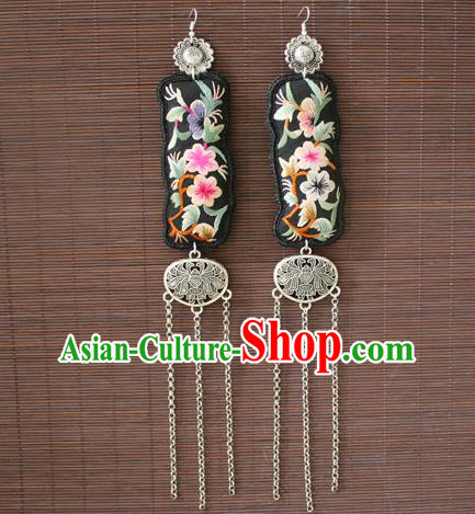 China Traditional Miao Nationality Embroidered Earrings National Cheongsam Silver Tassel Ear Accessories