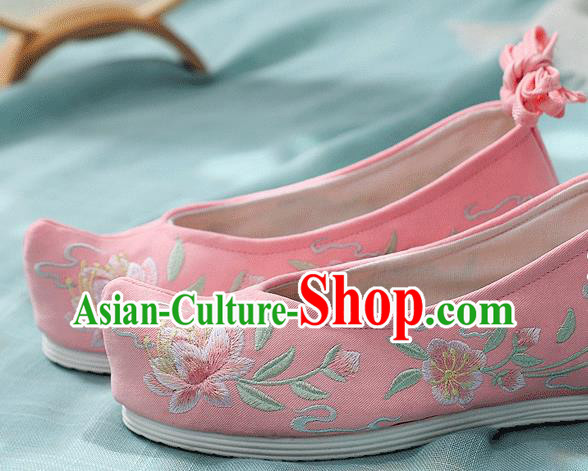 China Embroidered Peach Blossom Shoes Traditional Bow Shoes Folk Dance Pink Cloth Shoes