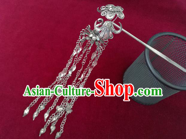 Chinese Miao Ethnic Folk Dance Hair Accessories Traditional Hmong Nationality Silver Tassel Hairpin